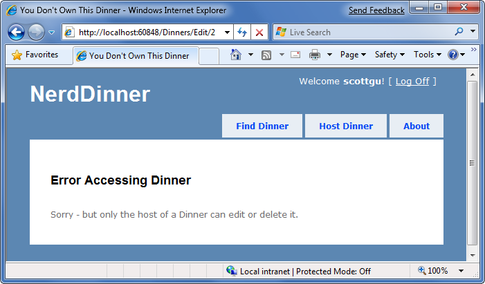 Screenshot del messaggio di errore sulla pagina web Nerd Dinner.