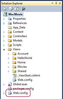 Screenshot che mostra la finestra Esplora Soluzioni. Web.config è cerchiato in rosso.