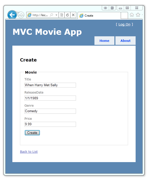 Screenshot che mostra la pagina Crea nell'app Movie MVC.