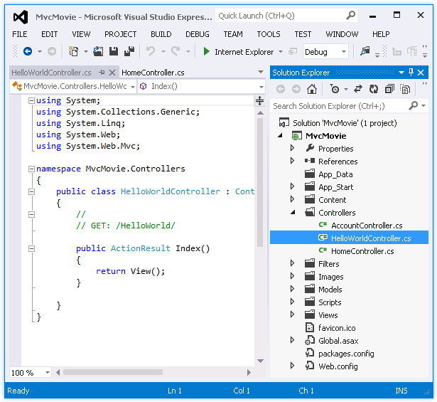 Screenshot che mostra la scheda Hello World Controller dot c s. Hello World Controller dot c s è selezionato nella cartella Controller della finestra Esplora soluzioni.