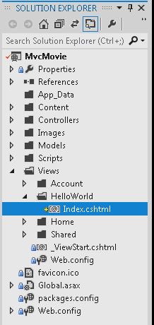 Screenshot che mostra Esplora Soluzioni. Index.cshtml è selezionato nella sottocartella Hello World.