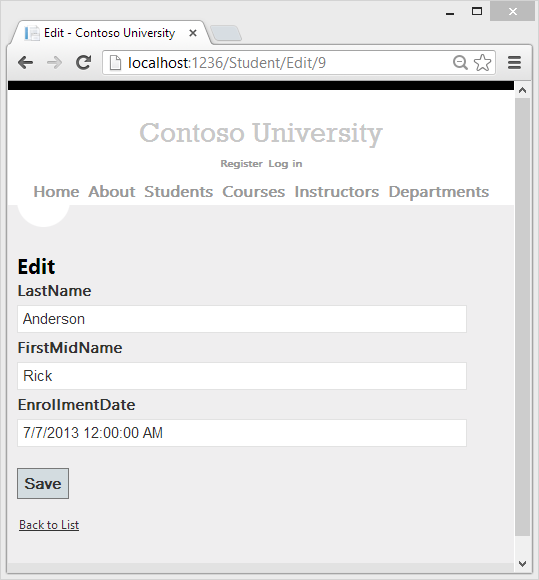 Screenshot che mostra la pagina di modifica studente di Contoso University.