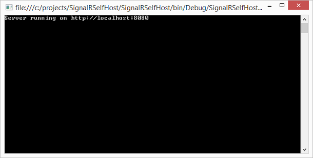 Screenshot del server in esecuzione nella finestra della console.