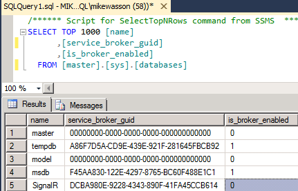 Screenshot di una finestra che mostra la vista del catalogo sys dot databases.