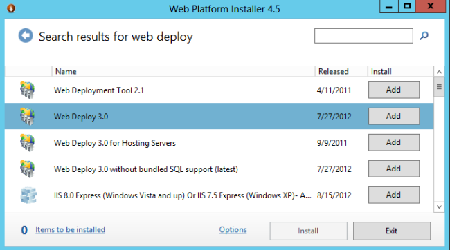 Screenshot con Web Deploy 3.0 selezionato nei risultati della ricerca.