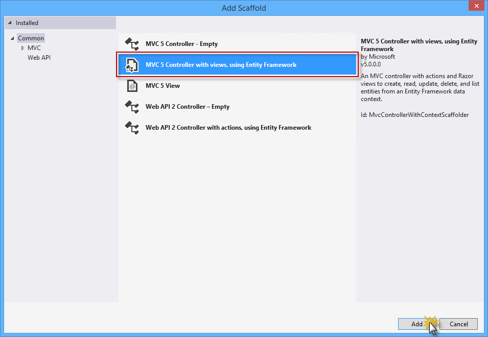 Selezione del controller MVC 5 con viste ed Entity Framework