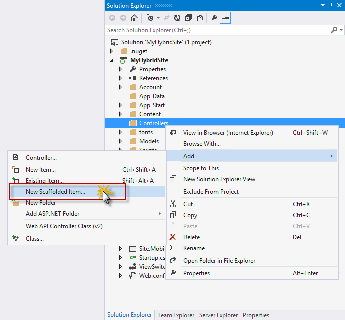 Screenshot che mostra come creare un controller Web API selezionando Nuovo elemento impalcato in Esplora soluzioni.