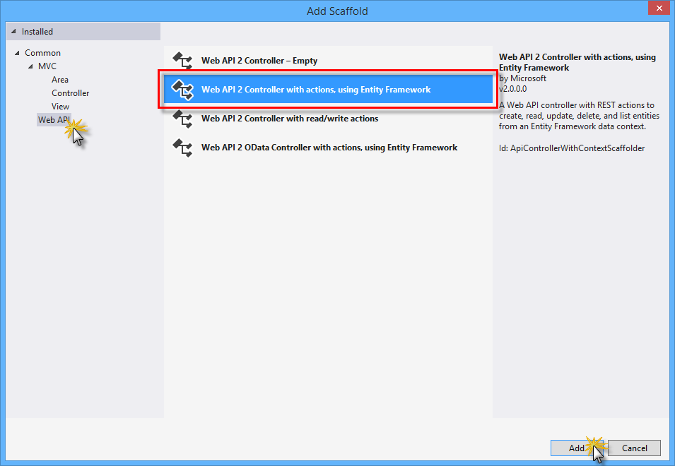 Selezione del controller API Web 2 con azioni ed Entity Framework