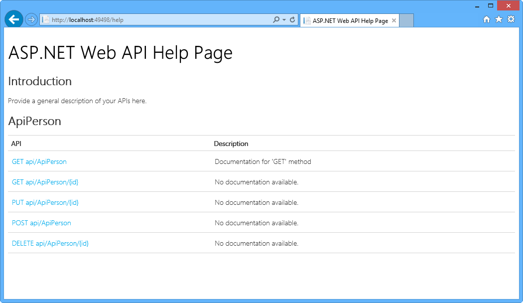 Pagina della Guida dell'API Web ASP.NET
