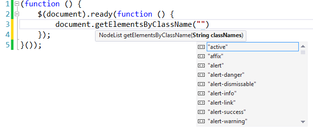 Visualizzazione di IntelliSense per la funzione getElementsByClassName