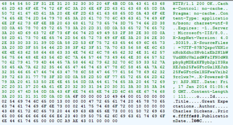 Screenshot di un riquadro della finestra che mostra i valori esadecimali non elaborati dei dati binari nei colori verdi nella parte superiore e centrale e nero nella parte inferiore.