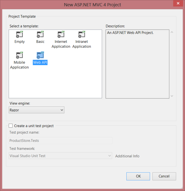 Screenshot del nuovo progetto ASP.NET, che mostra le immagini in riquadro dei modelli disponibili ed evidenzia, in blu, il modello Web API.