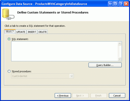 Immettere un'istruzione SQL personalizzata o scegliere una procedura memorizzata
