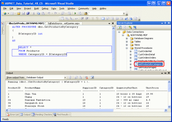 La procedura memorizzata GetProductsByCategory quando viene eseguita con un <span class=