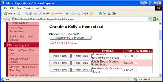 Il GridView include pulsanti Prezzo +10% e Prezzo -10%