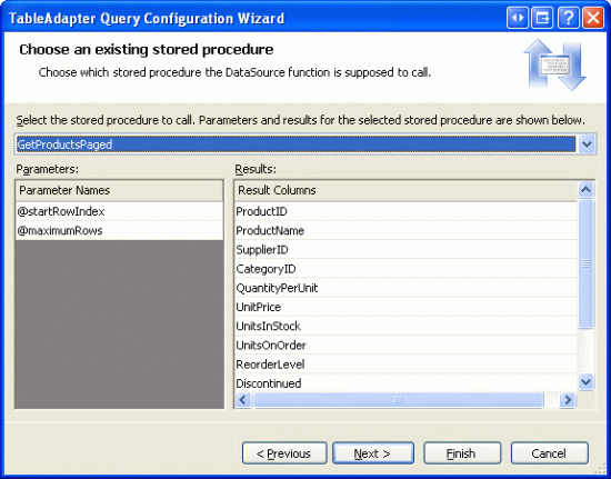 Scegliere la stored procedure GetProductsPaged dall'elenco a tendina