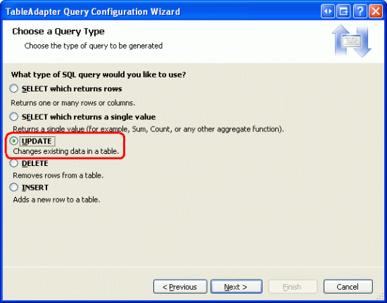 Selezionare l'opzione UPDATE