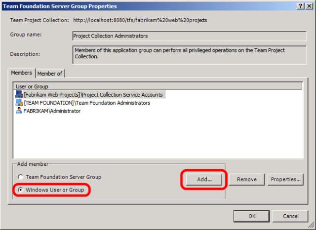 Screenshot della finestra di dialogo Proprietà gruppo di Team Foundation Server per selezionare e aggiungere un utente o un gruppo di Windows.