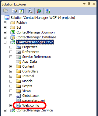 Il progetto ContactManager.Mvc include due file web.config. È necessario modificare il file a livello di progetto.