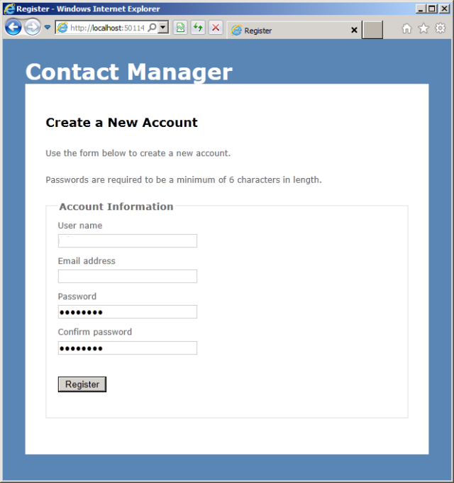 Aggiungere un nome utente, un indirizzo di posta elettronica e una password e verificare che sia possibile registrare correttamente un account.