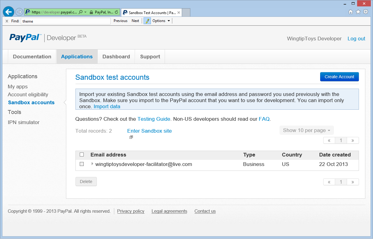 Screenshot che mostra la pagina degli account di test Sandbox con la scheda Applicazioni evidenziata.