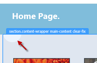 Screenshot della finestra del Page Inspector che mostra il puntatore del mouse selezionare il semicerchio sotto la barra blu in evidenza in alto a sinistra dello schermo.