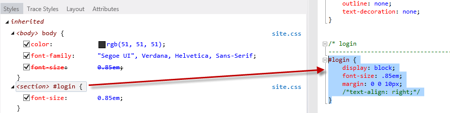 Screenshot della scheda Stili, sulla barra di navigazione sono selezionati gli stili CSS per il login con il codice corrispondente evidenziato.
