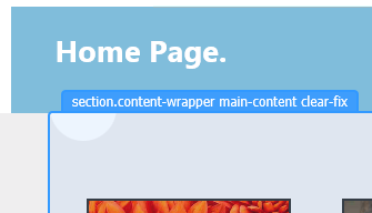 Screenshot dell'angolo superiore sinistro della finestra Page Inspector che mostra il puntatore del mouse selezionare il semicerchio sotto la barra blu in primo piano.