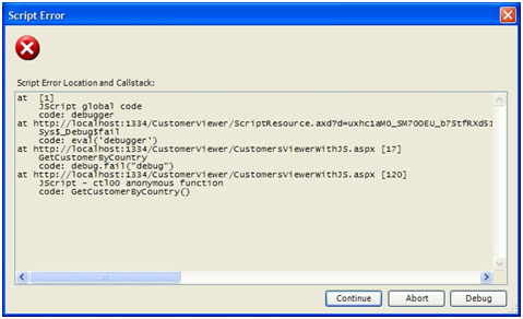 Finestra di dialogo dell'errore di script di Web Development Helper