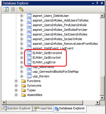 Screenshot che illustra come il provider del log degli errori di SQL usa tre stored procedure.