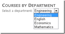 Screenshot della finestra di Internet Explorer, che mostra la visualizzazione Courses by Department con un menu a discesa per i reparti.