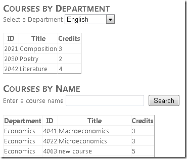 Screenshot della finestra di Internet Explorer, che mostra le visualizzazioni Courses by Department e Courses by Name.