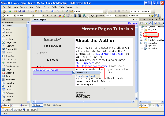 La Vista Design per About.aspx visualizza il ContentPlaceHolder LeftColumnContent