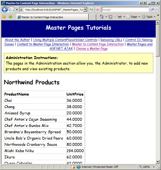 La pagina Amministrazione annidata utilizza la pagina master di primo livello selezionata dall'utente