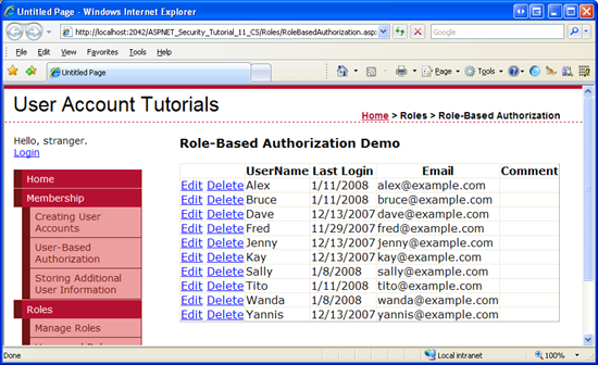 UserGrid GridView elenca le informazioni su ogni utente nel sistema