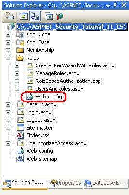 Aggiungere un file Web.config alla directory Roles