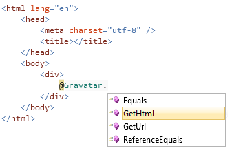 Screenshot dell'editor di origine che mostra l'elenco a discesa dell'helper Gravatar IntelliSense con l'elemento evidenziato in giallo: Get H T M L.
