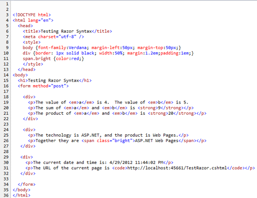 Screenshot dell'origine della pagina di Test Razor, confrontata con l'output reso del browser web.