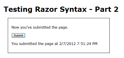 Screenshot della pagina Test Razor 2 in esecuzione nel browser web, con un messaggio dell'ora che appare dopo l'invio della pagina.