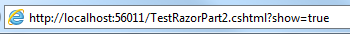 Screenshot della pagina Test Razor 2 in un browser web che mostra una stringa di query nella casella URL.