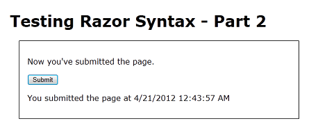 Screenshot della pagina di Test Razor 2 in un browser web dopo l'invio della pagina con una query string nella casella URL.