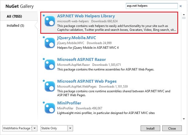 Screenshot del dialogo NuGet Gallery in Web Matrix che mostra l'elemento Libreria Web Helpers A S P dot N E T evidenziato con un rettangolo rosso.