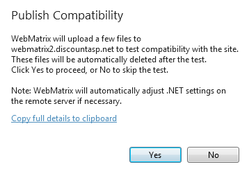 Screenshot della finestra di dialogo Compatibilità di pubblicazione con un messaggio che spiega il test di compatibilità del sito, invitando a selezionare il pulsante Sì per continuare.