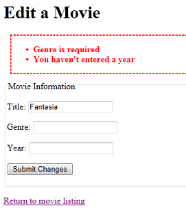 Pagina di modifica del filmato che mostra gli errori di convalida