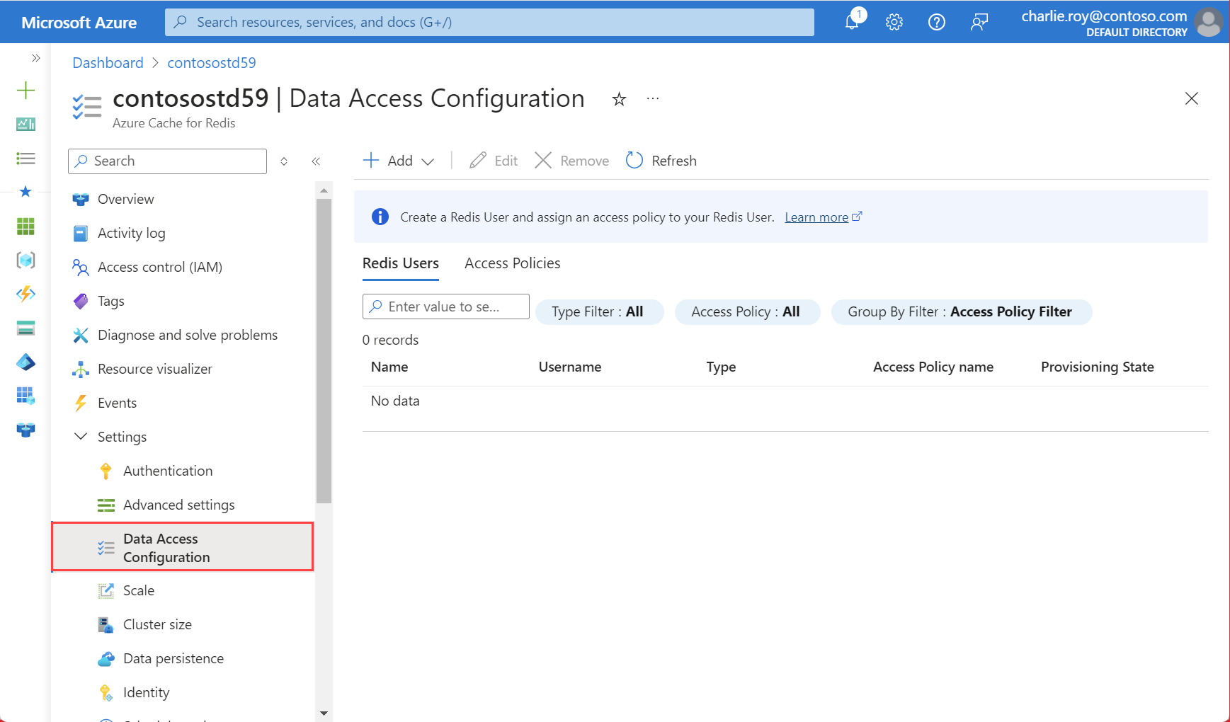 Screenshot che mostra Configurazione dell'accesso ai dati evidenziata nel menu Risorse.