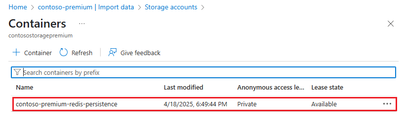 Screenshot che mostra un elenco di contenitori nell'account di archiviazione.