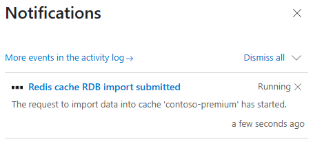 Screenshot che mostra lo stato di avanzamento dell'importazione nel riquadro Notifiche.