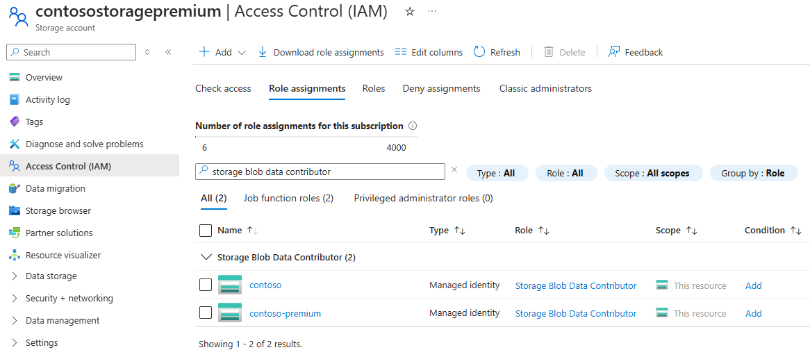 Screenshot dell'elenco Collaboratore ai dati del BLOB di archiviazione.