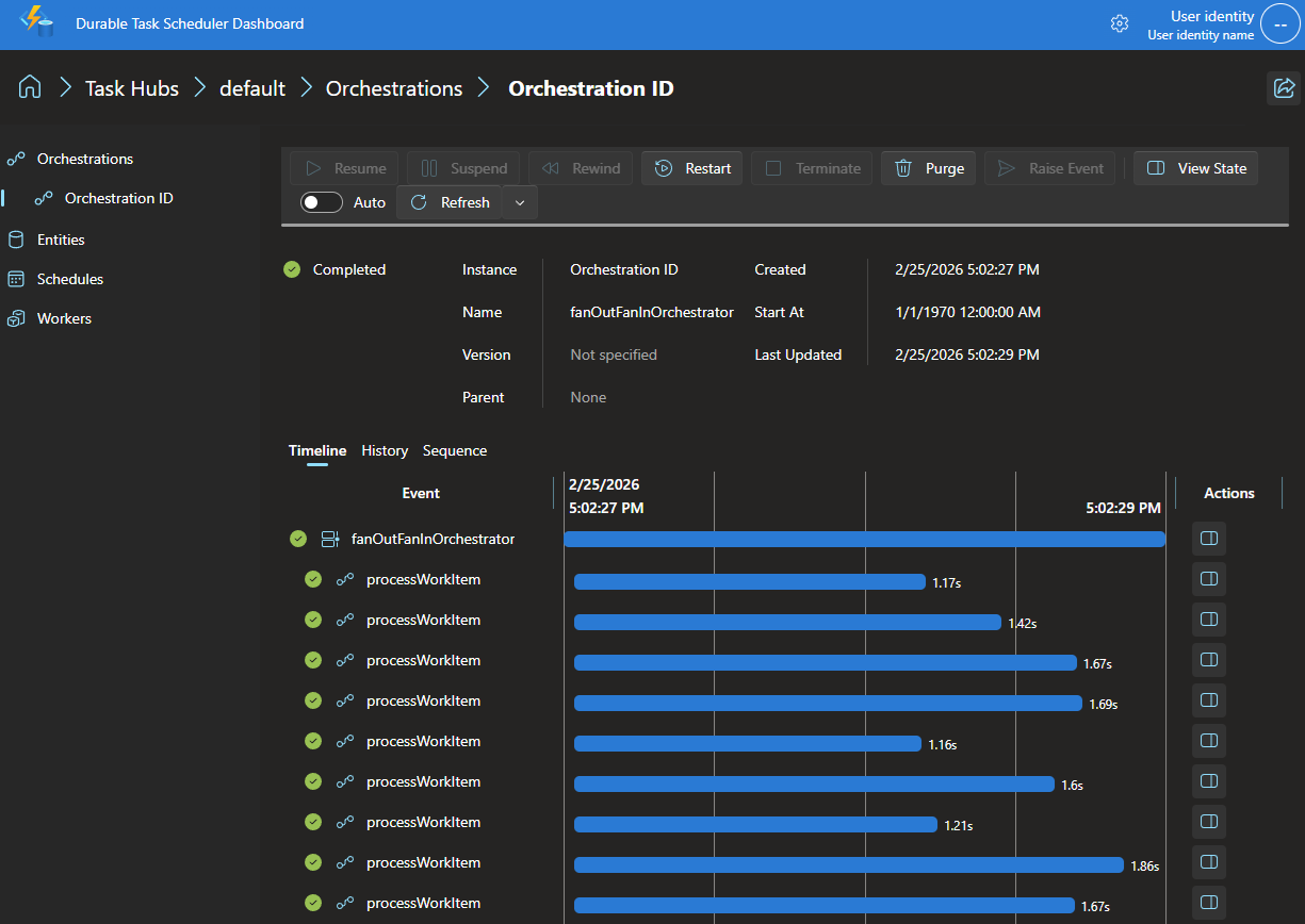 Screenshot che mostra i dettagli dell'istanza di orchestrazione per l'esempio JavaScript.