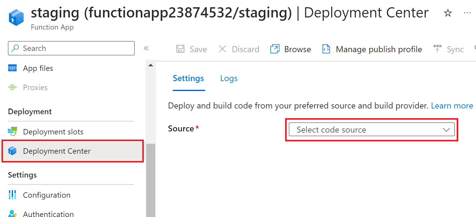 Screenshot del Centro distribuzione app per le funzioni nel portale di Azure in cui si sceglie il repository di origine.